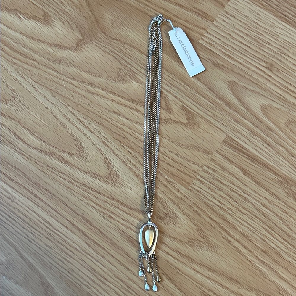 Liz Claiborne Silver and Gold Multi-Strand Necklace with Teardrop Charm.